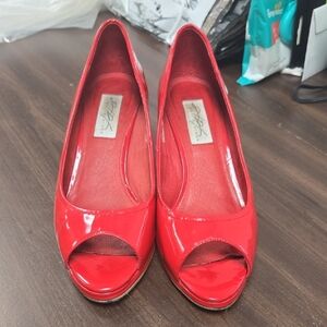 David Dixon Size 38.5 Red Leather Open Toed Wedge Heels